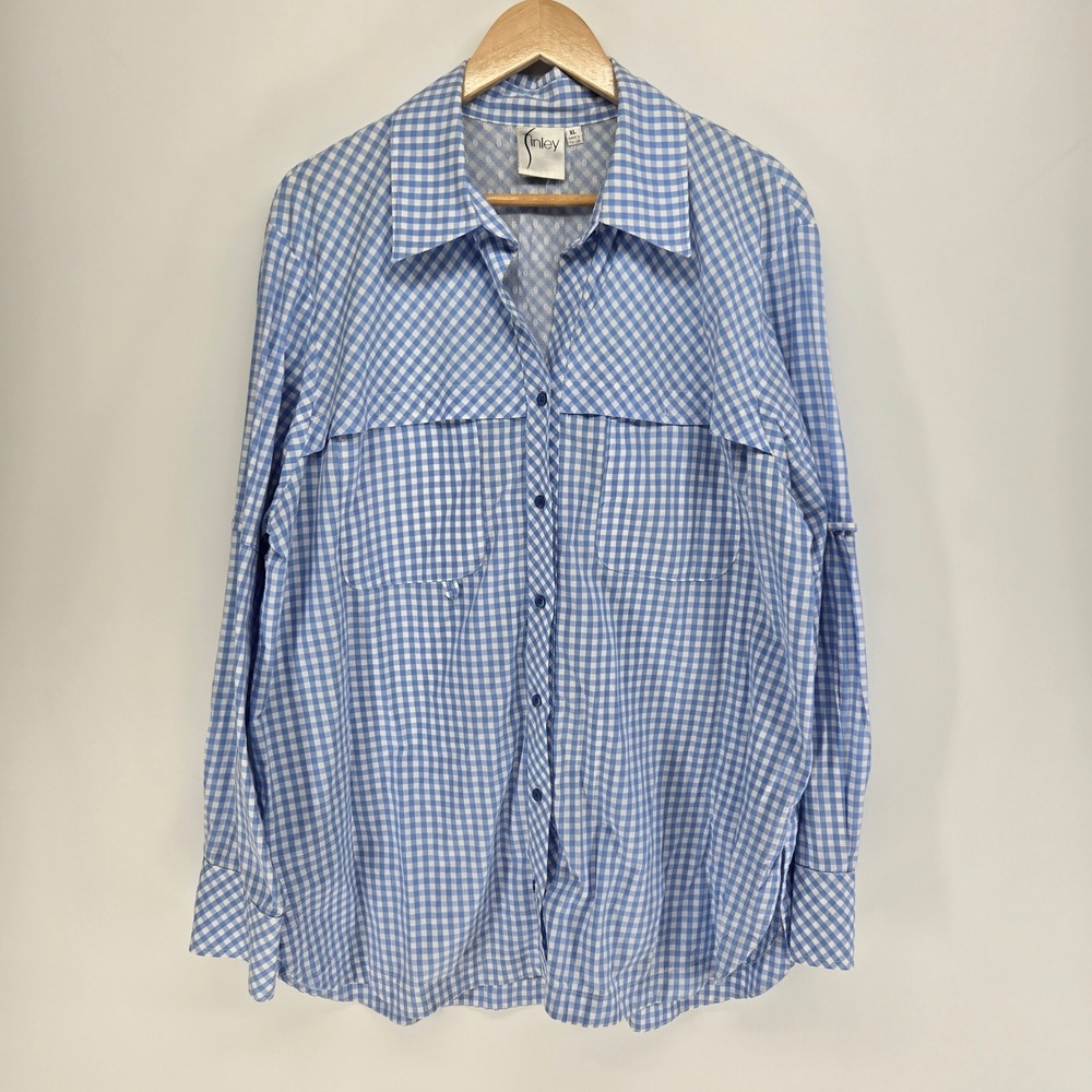 Finley Fishing Shirt Womens XL Blue Gingham Vented Back Roll Tab Sleeve Top